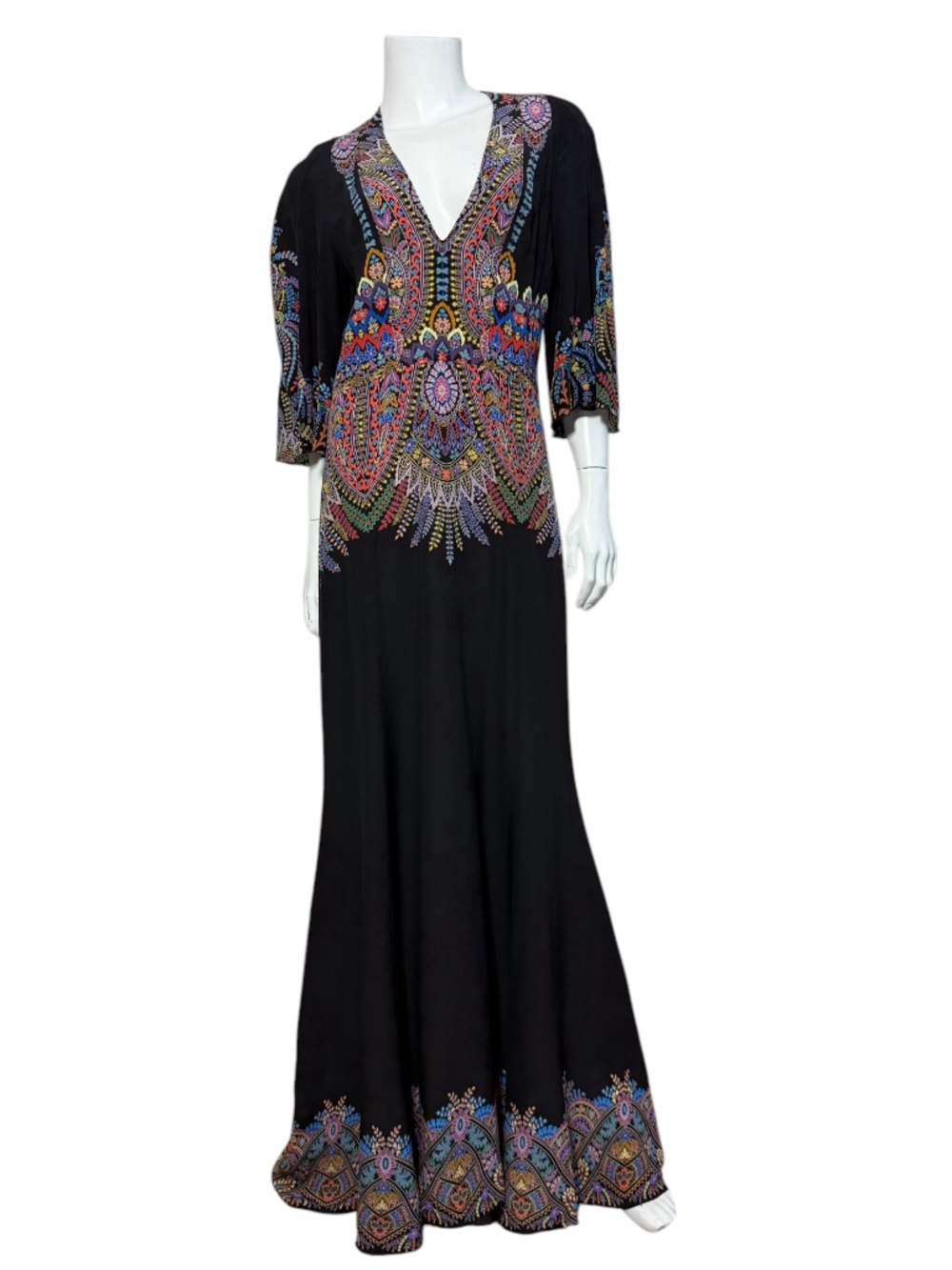 ETRO Italian Silk Ornate Kaleidoscope Mosaic Print Deep V-Neck Maxi Dress